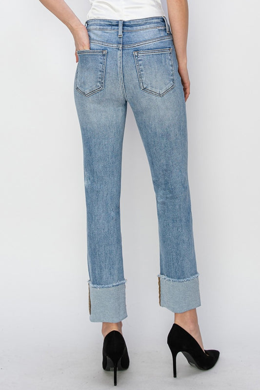 RISEN cuffed slim straight jeans featuring a light-wash and trendy cuffs
