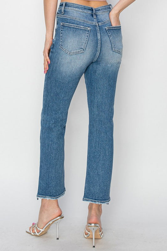 High-rise slim straight jeans in medium wash by RISEN with stretch fabric
