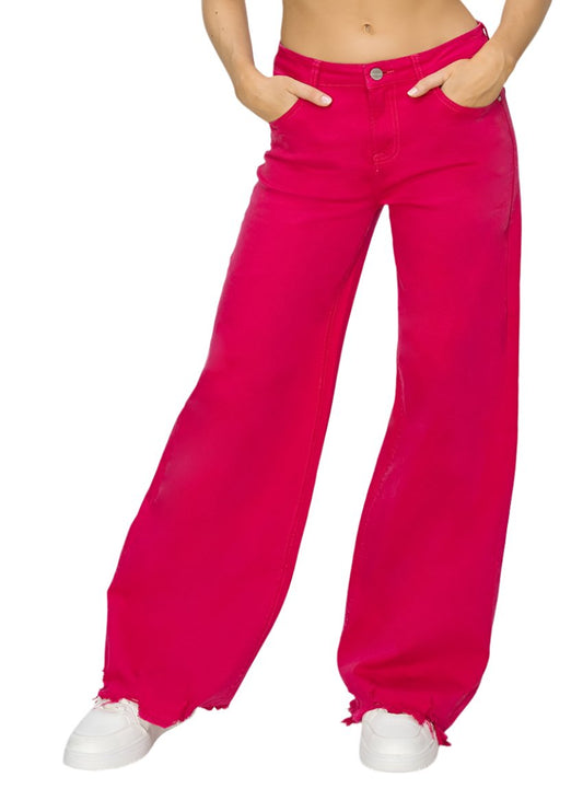 High Rise Wide Leg RISEN Hot Pink Jeans | Whimsical Clothing Style