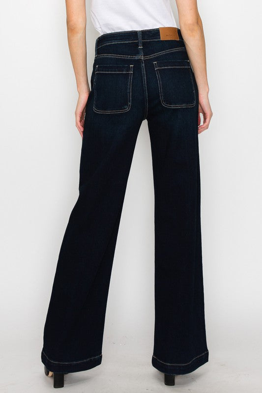 Dark wash high-rise wide-leg jeans, perfect for a chic look.