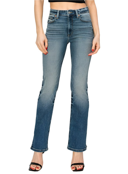 High-rise Y2K bootcut jeans with a faded wash and retro style.
