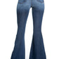 Dark wash bell bottom jeans with a retro-inspired flare and 32-inch inseam