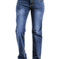 Front view of high waist distressed raw hem straight jeans in medium wash.
