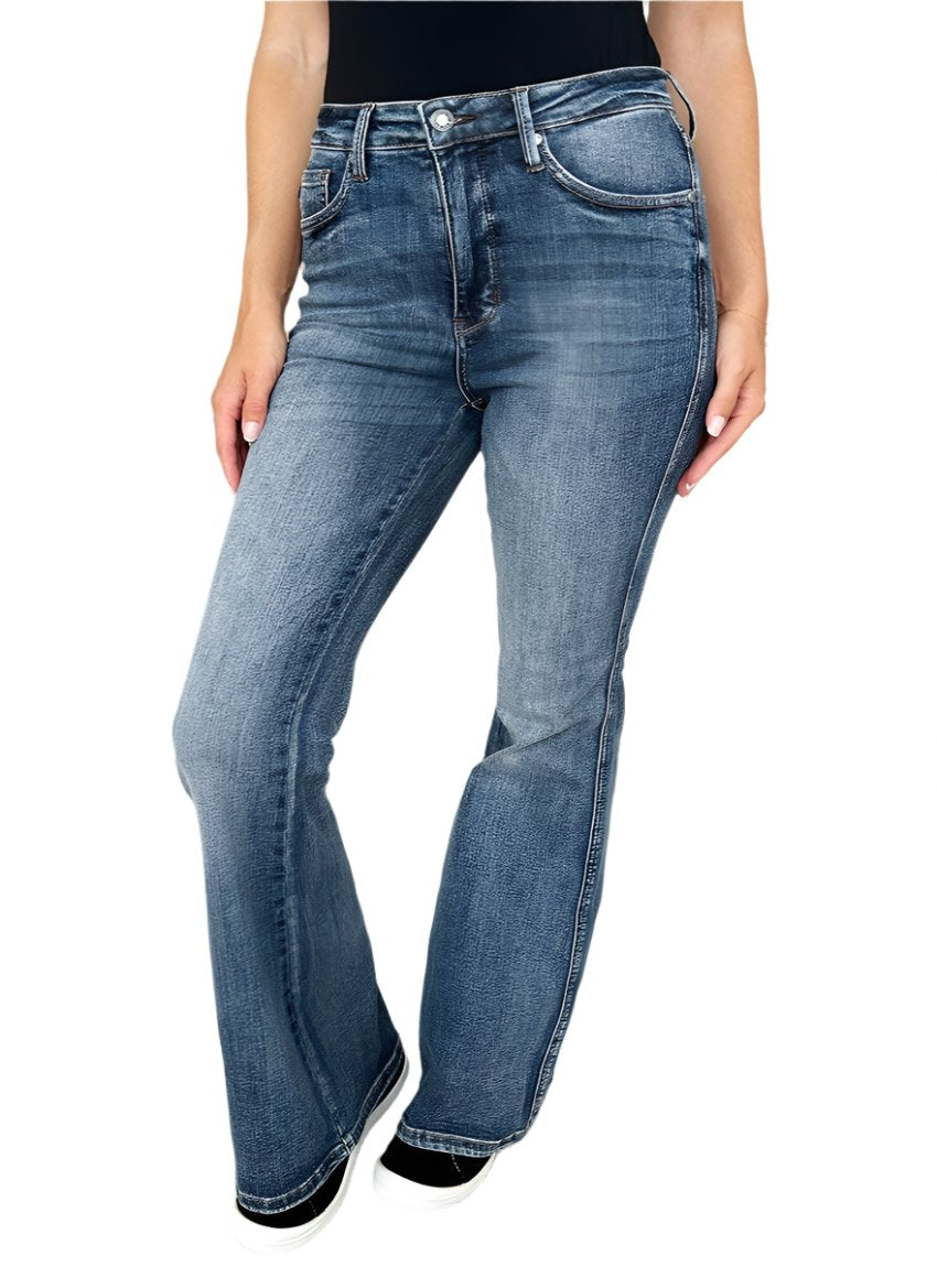 High-rise flare jeans by Judy Blue with tummy control and a flattering fit.
