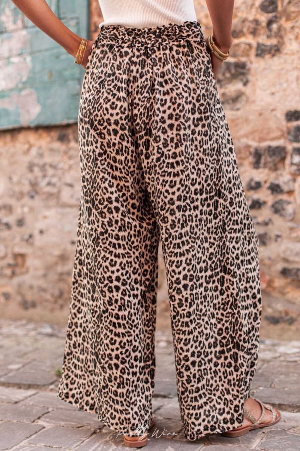 High waist leopard print pants with drawstring and wide leg