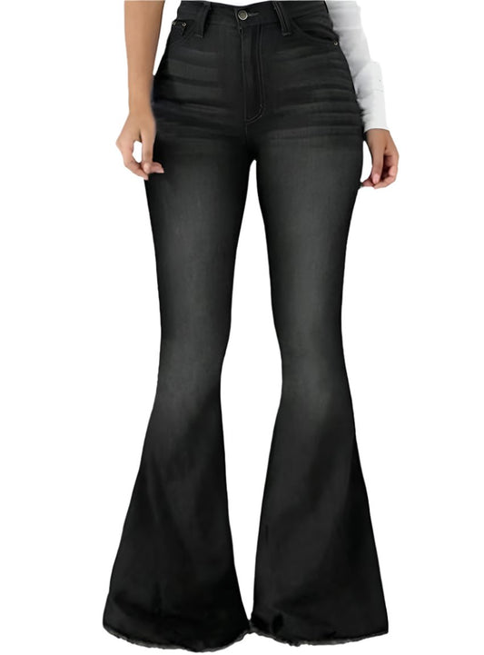 Stylish raw hem flare jeans in black with a high waist.
