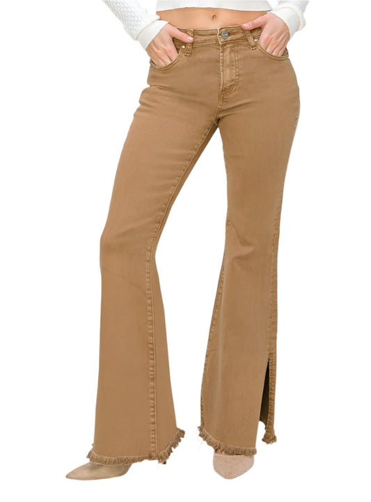 Woman wearing high-waist caramel brown side slit flare jeans
