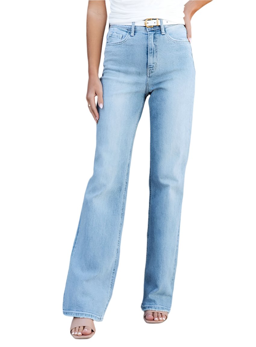 Front view of high waist straight-leg light wash jeans.
