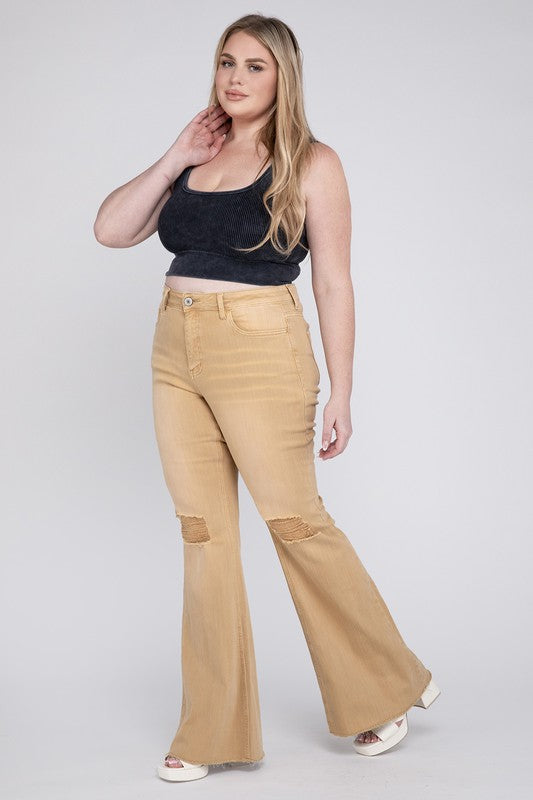 High-waist flare jeans in tan for plus-size women’s everyday wear.
