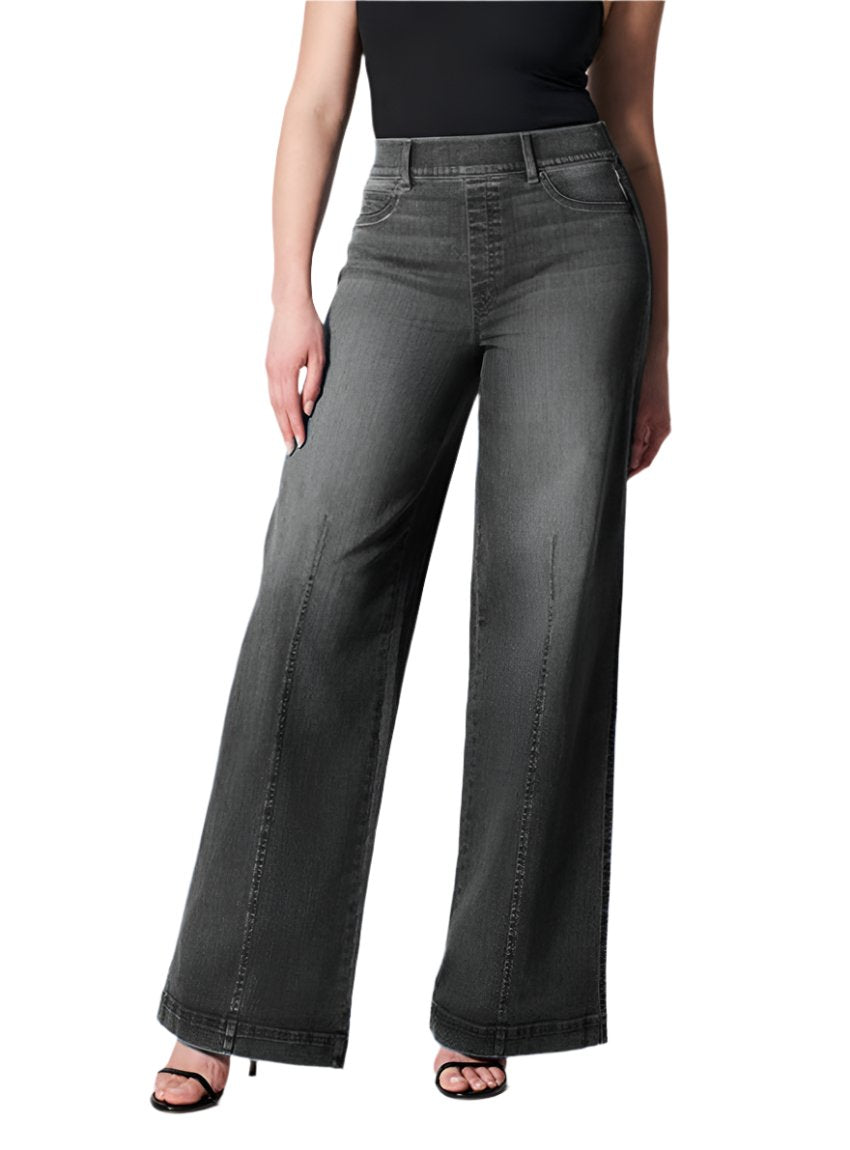 Front view of high waist wide-leg jeans in black.
