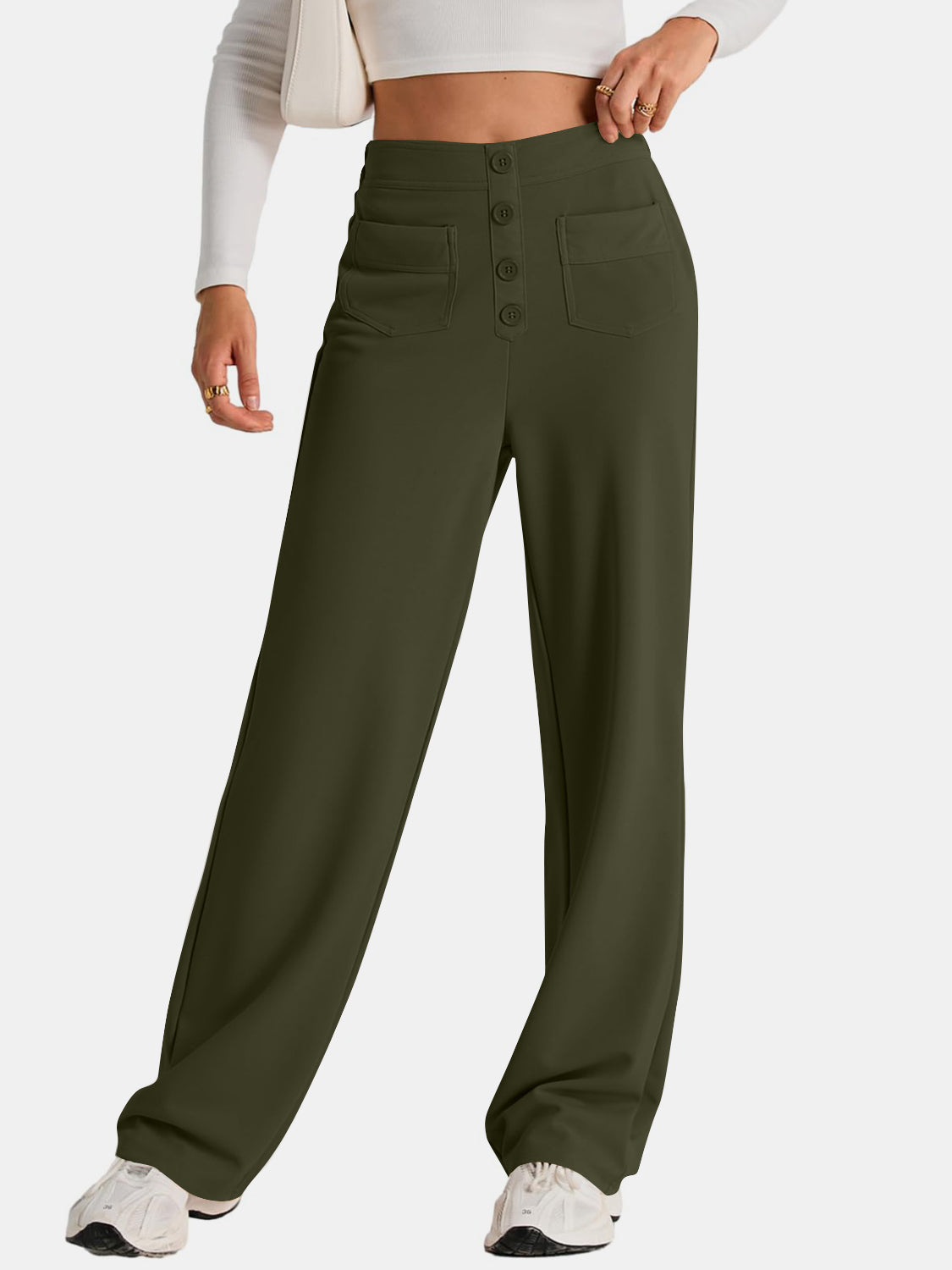 Army green high waist wide leg pants with pockets
