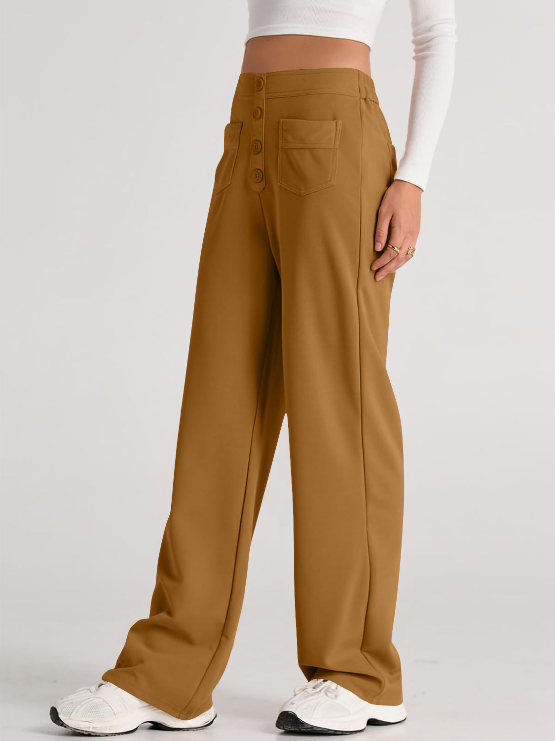 Camel high waist wide leg pants with pockets
