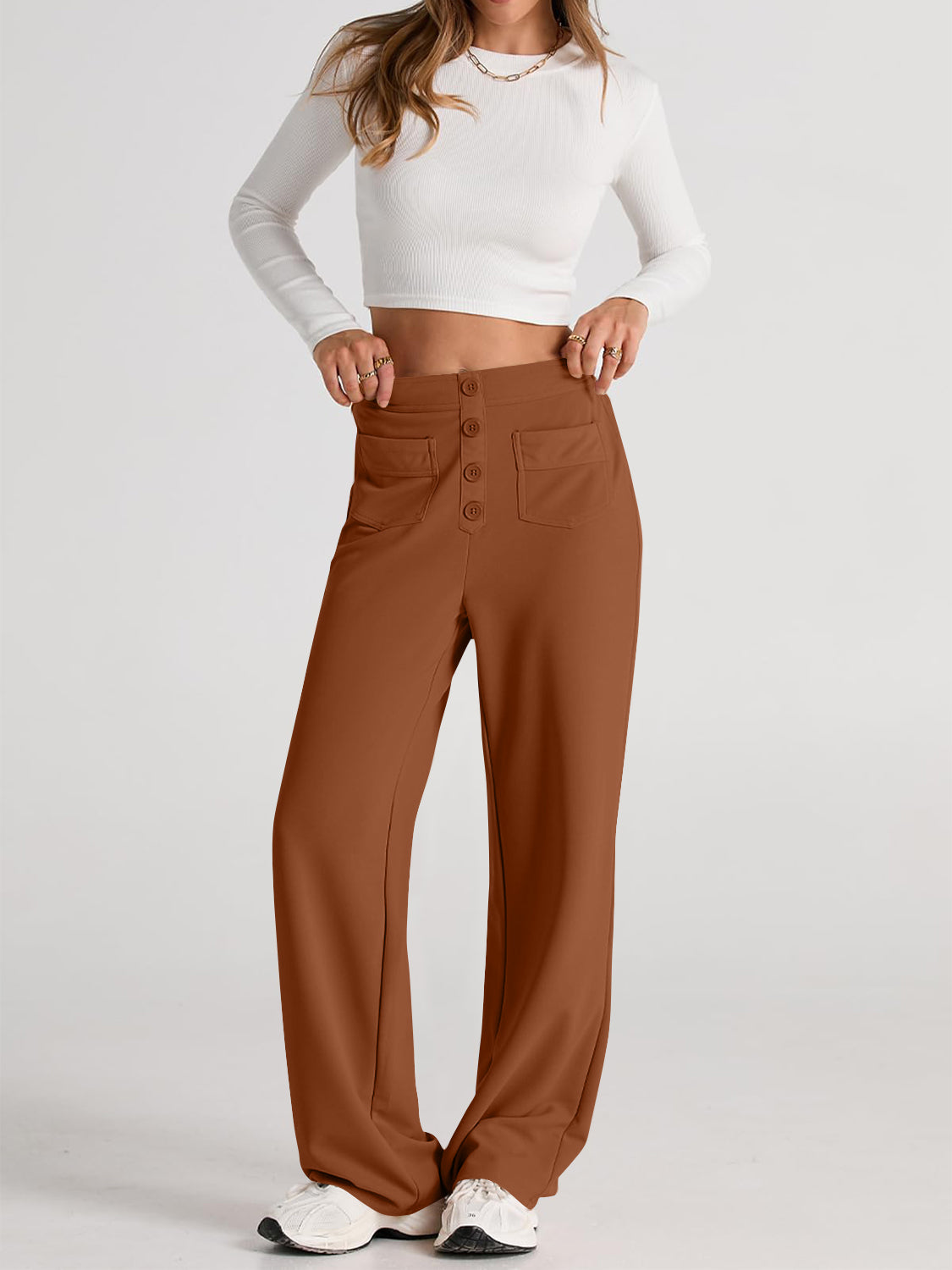 Caramel high waist wide leg pants with pockets
