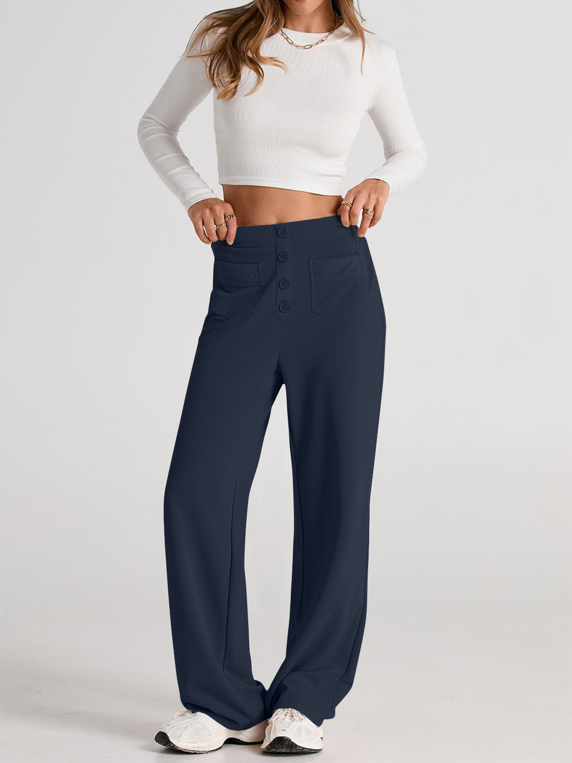 Dark navy high waist wide leg pants with pockets
