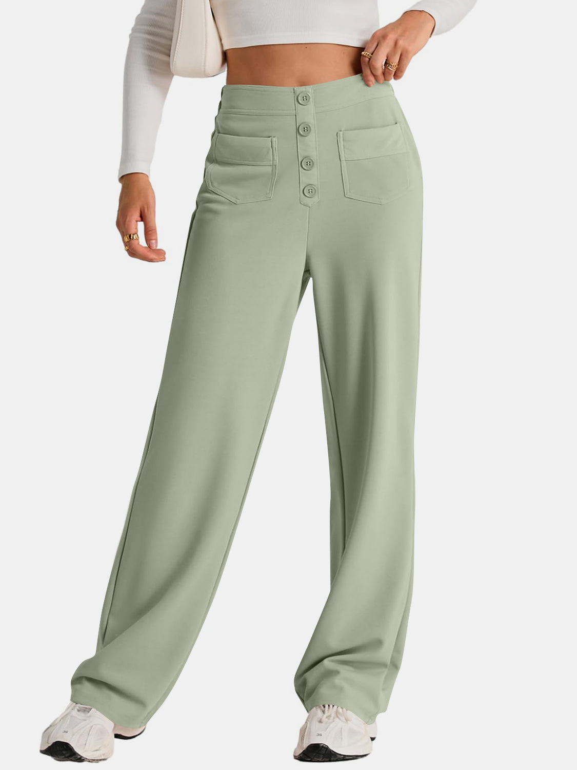 Gum leaf high waist wide leg pants with pockets
