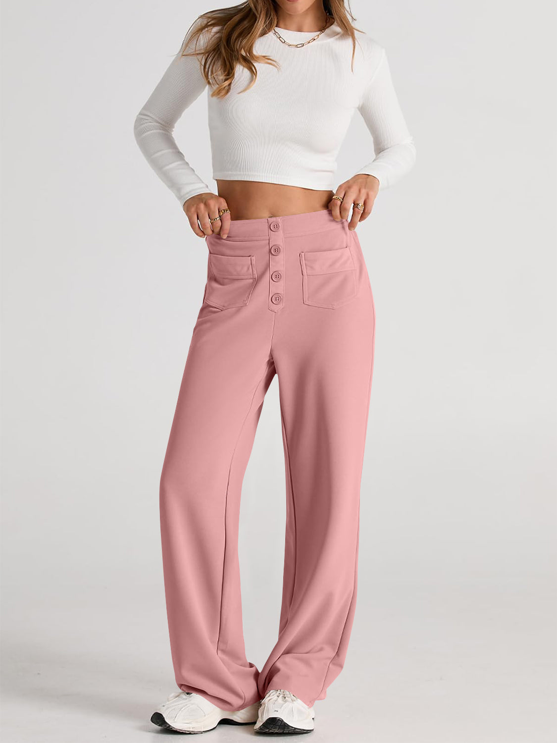 Pale blush high waist wide leg pants with pockets
