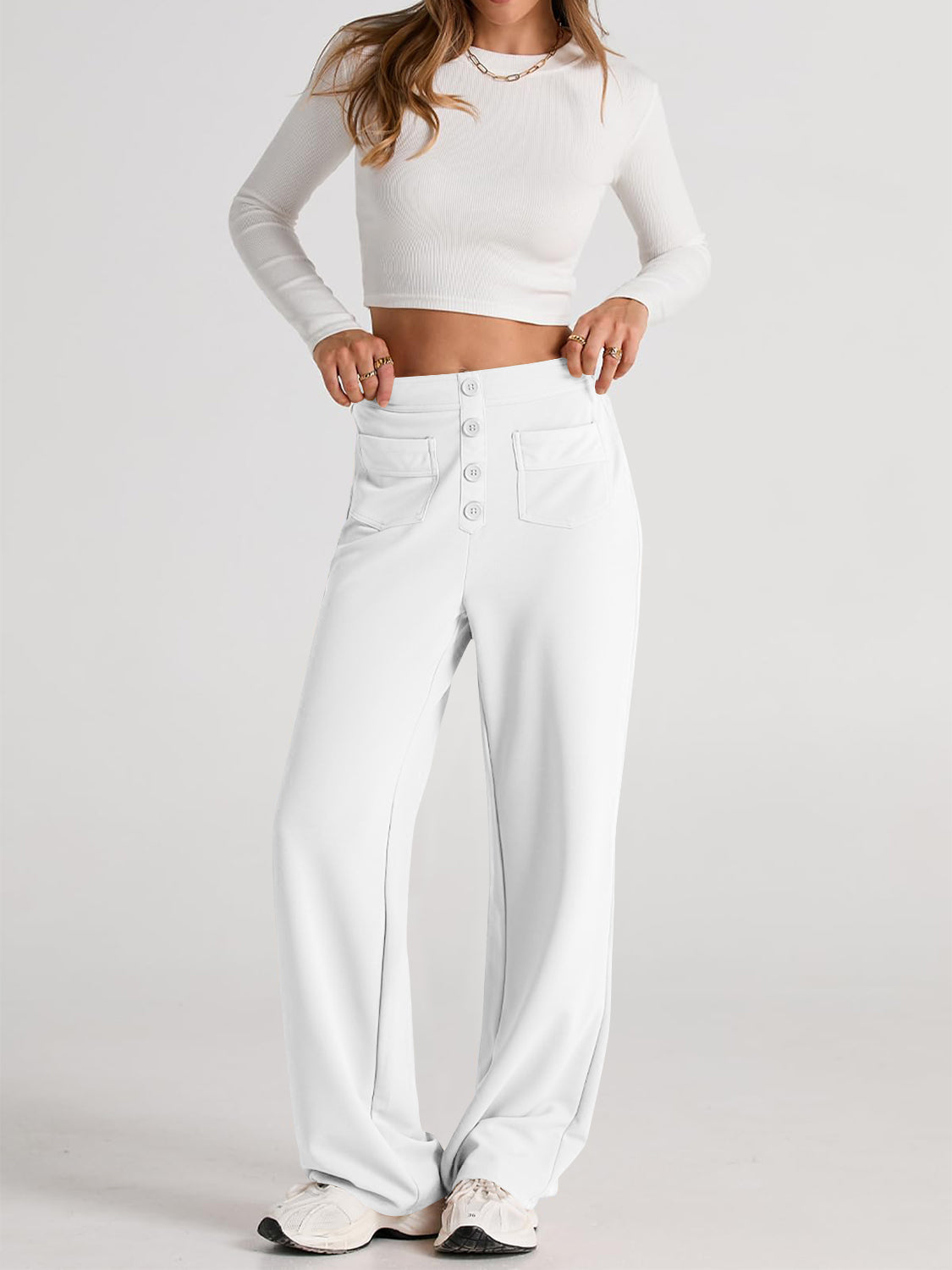 White high waist wide leg pants with pockets
