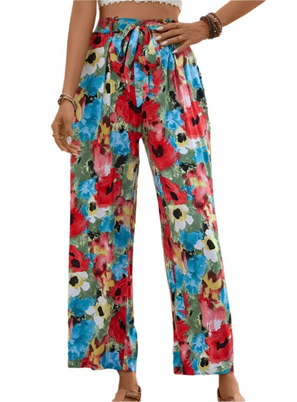 Colorful floral tie-waist wide leg pants with pockets
