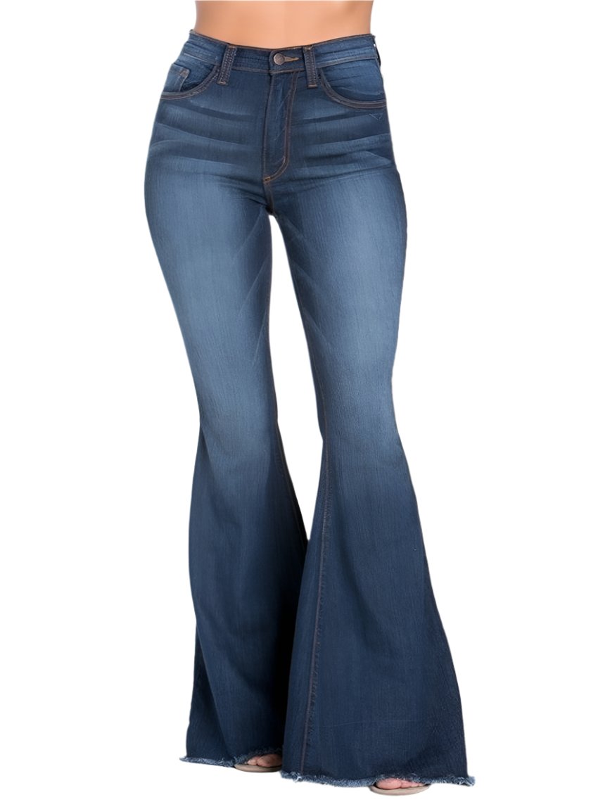 Front view of high-waisted dark wash bell bottom jeans for women