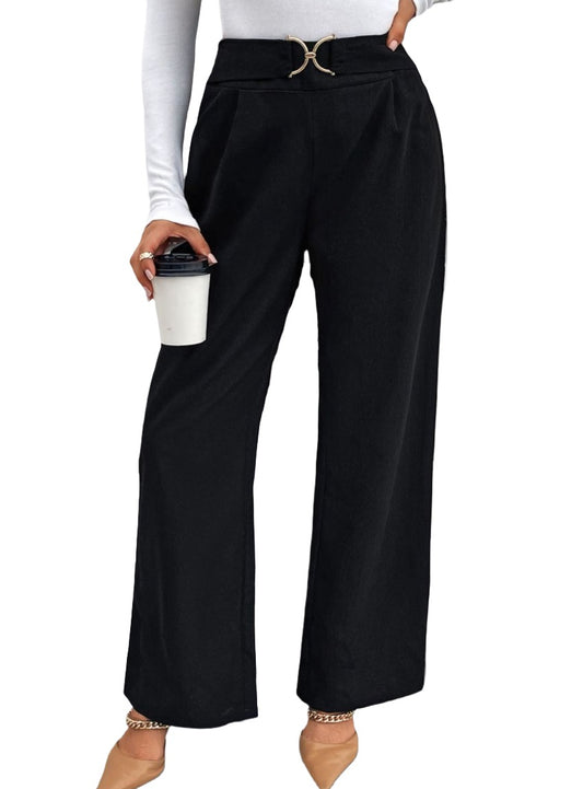 Front view of black high waisted straight leg pants with a belt detail for a chic look.
