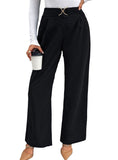 Front view of black high waisted straight leg pants with a belt detail for a chic look.
