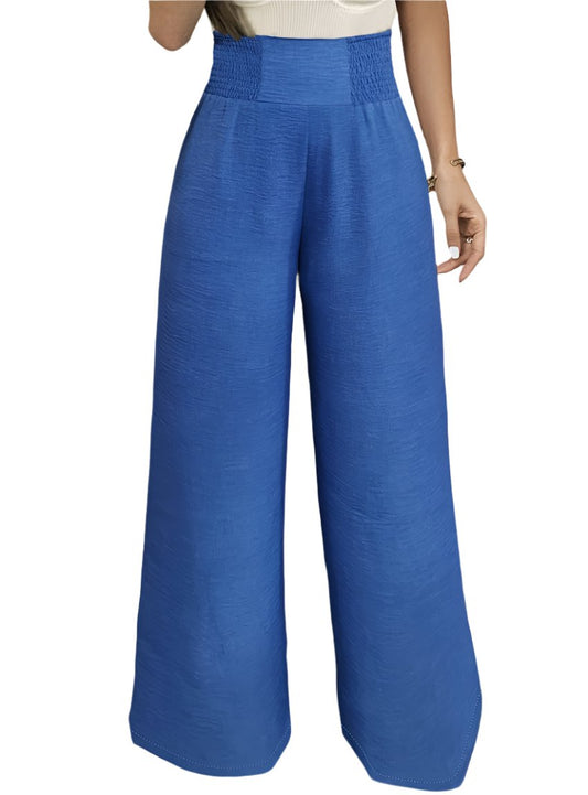 Blue wide-leg pants with a high-waisted smocked waistband