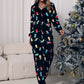 Festive lounge jumpsuit featuring holiday lights on soft fleece fabric
