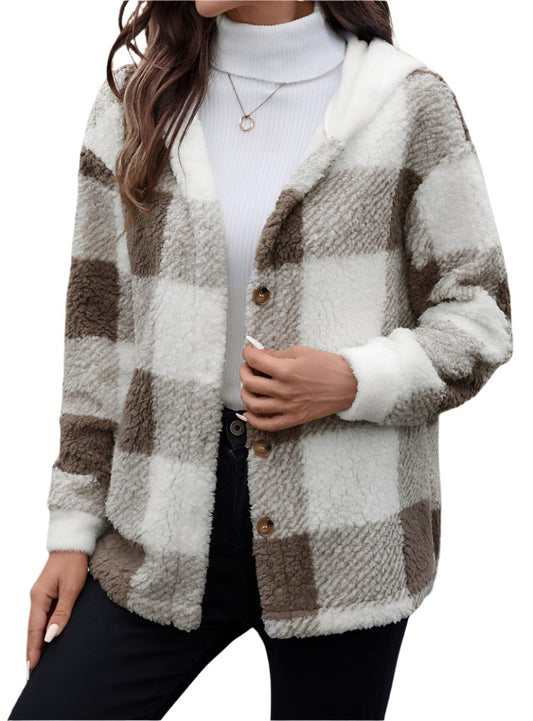 Front view of a hooded plaid sherpa jacket with button-up closure, perfect for chilly days.
