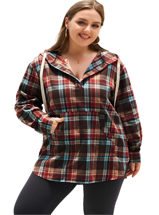 Plus Size Drawstring Plaid Quarter Button Hoodie