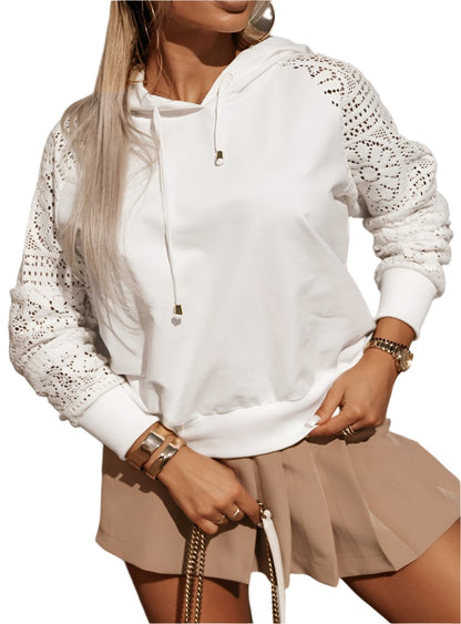 White Lace Patchwork Sleeve Drawstring Hoodie