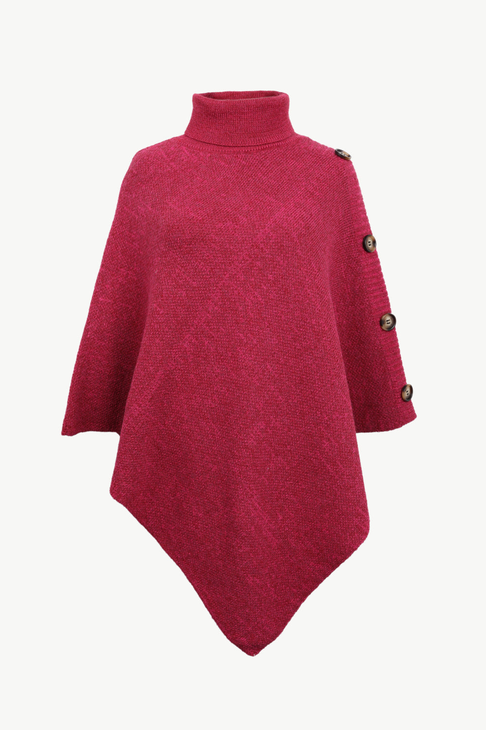 Front view of hot pink turtleneck buttoned poncho in ribbed knit.
