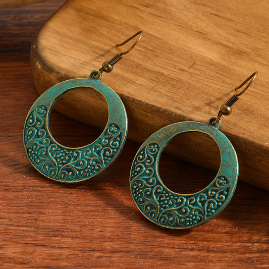 Elegant Turquoise Patina Hoop Earrings Featuring Sophisticated Floral Engravings, Perfect for Boho Style