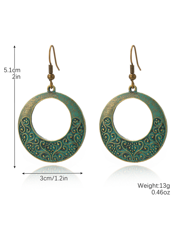 Elegant Turquoise Patina Hoop Earrings Featuring Sophisticated Floral Engravings, Perfect for Boho Style