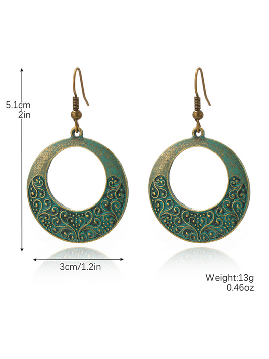Elegant Turquoise Patina Hoop Earrings Featuring Sophisticated Floral Engravings, Perfect for Boho Style