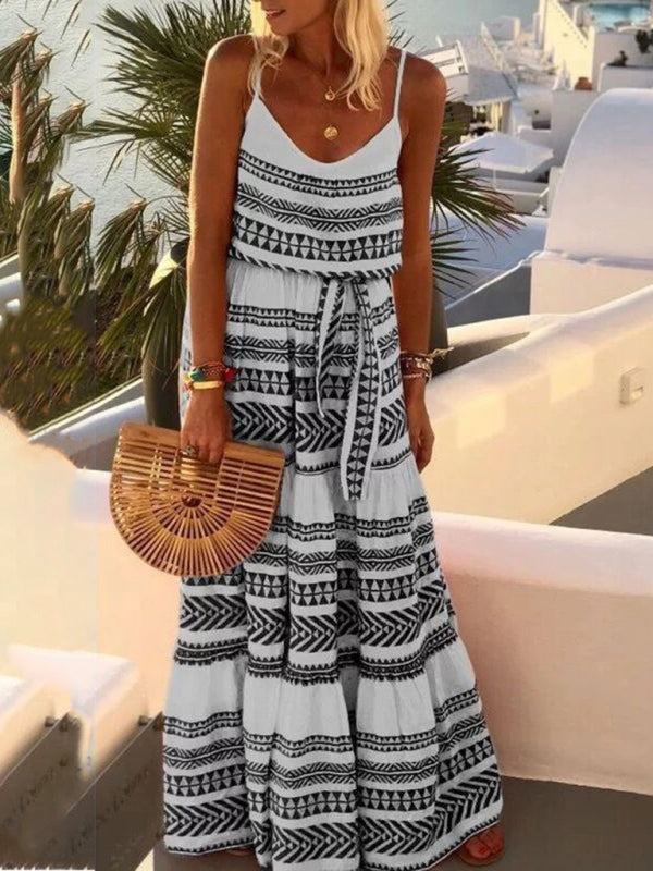 Elegant bohemian maxi dress with intricate tribal print, designed for a relaxed yet stylish look.
