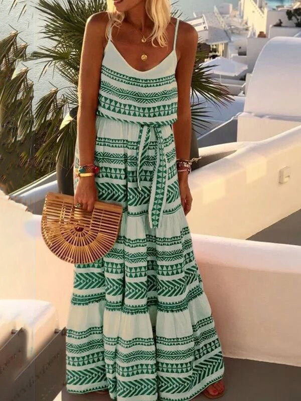 Flowy boho chic maxi dress with adjustable tie waist, ideal for embracing a bohemian lifestyle.