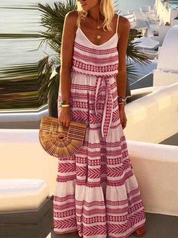 Women's bohemian maxi dress with spaghetti straps and flowy skirt, perfect for summer fashion