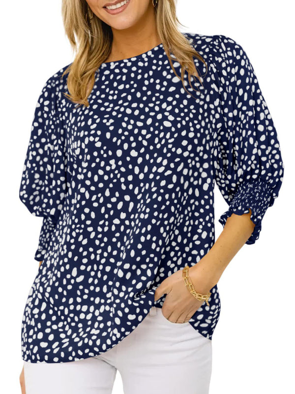 polka dot blouse with smocked cuffs and puff sleeves