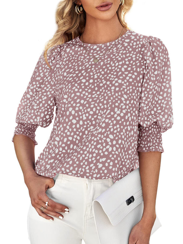 polka dot blouse with smocked cuffs and puff sleeves