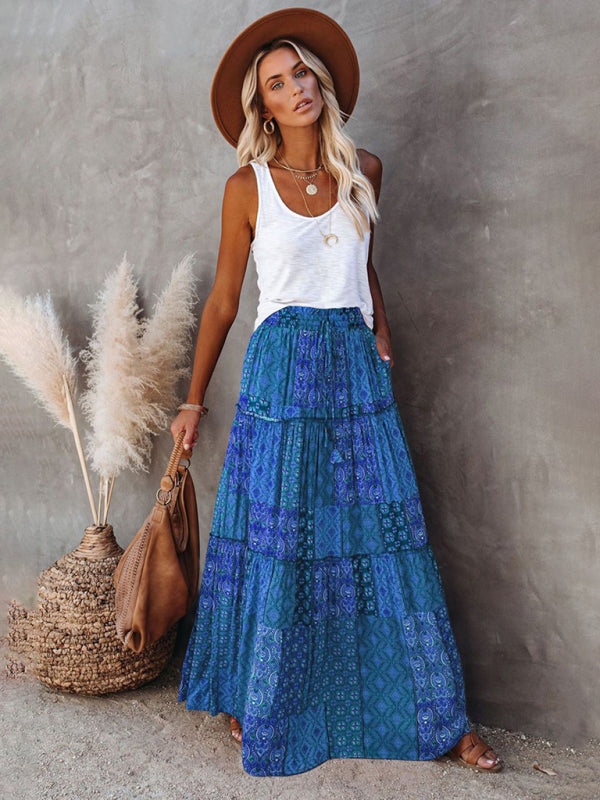 Vibrant blue boho maxi skirt with tiered design.