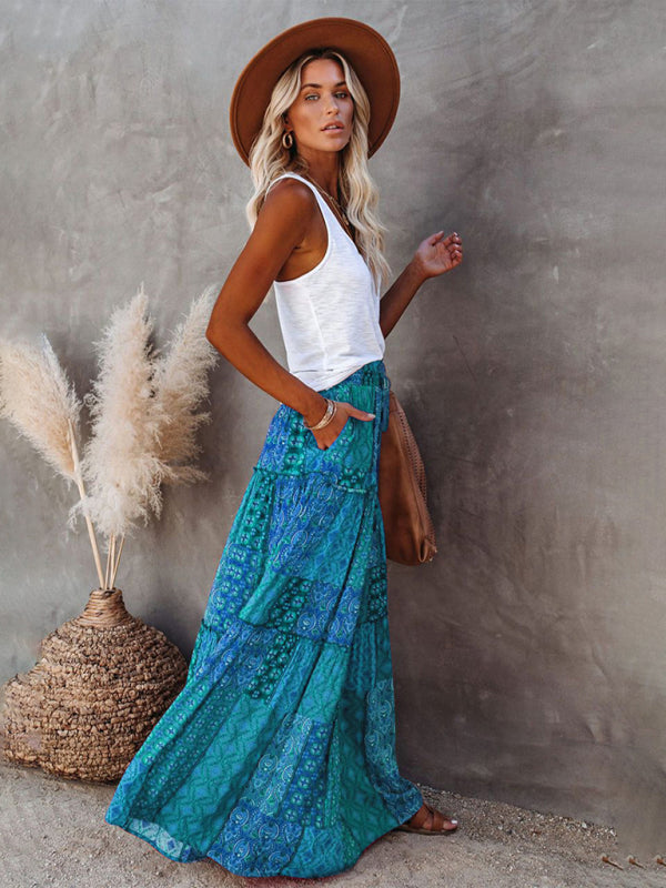 Turquoise boho maxi skirt with a snug yet flexible waistband.