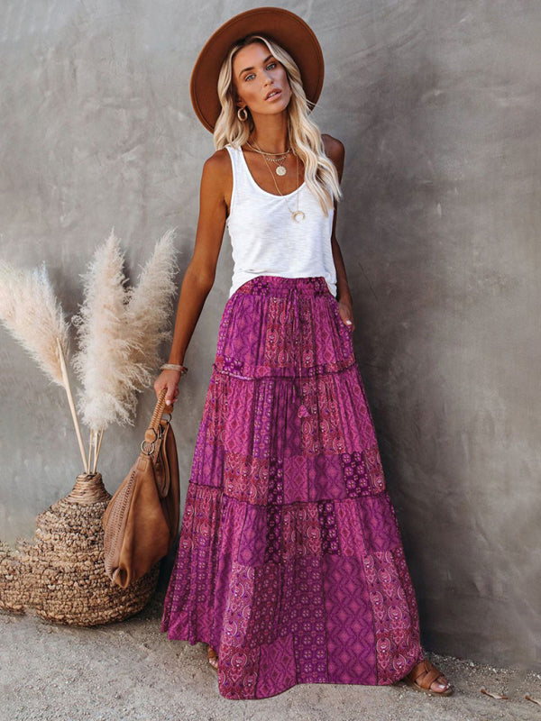 Purple boho maxi skirt with a lightweight and breathable fabric.