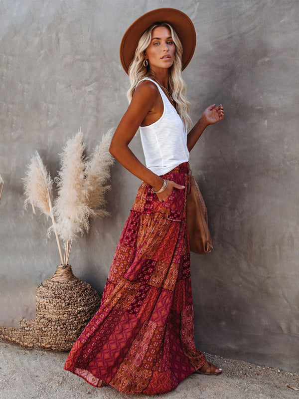 Red boho maxi skirt with a playful and breezy style.
