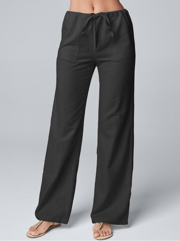 Black wide leg linen pants with drawstring waist
