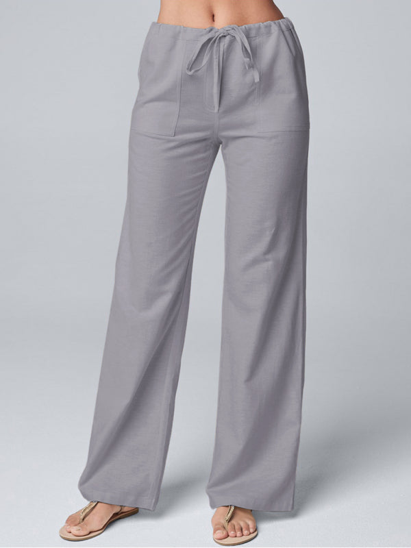 Elegant gray wide leg linen pants with adjustable drawstring