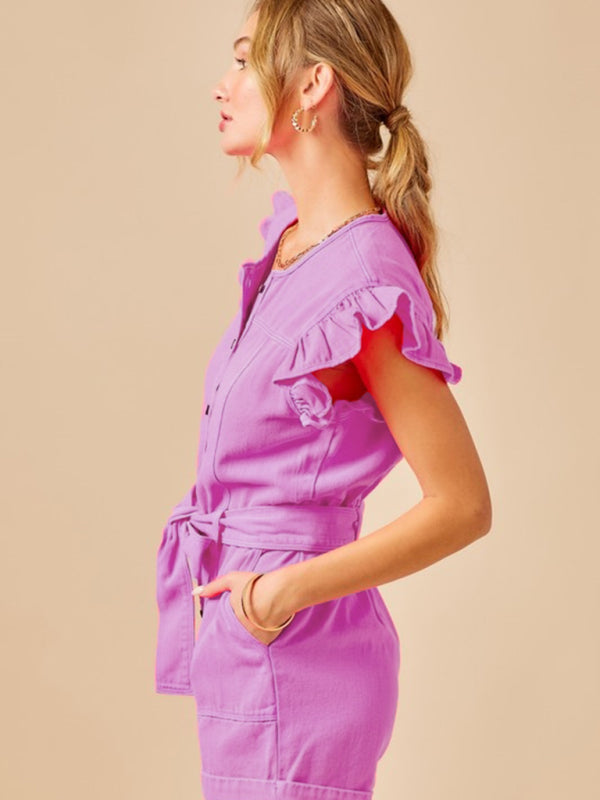 Summer pink denim romper with adjustable waist tie