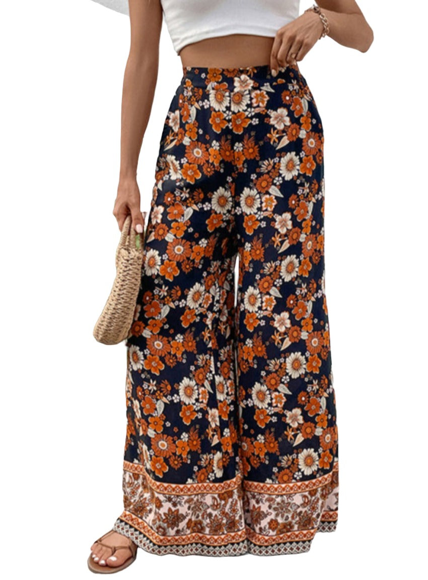 Lightweight women's bohemian pants with a vibrant floral pattern.
