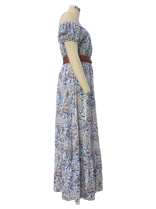 Bohemian inspired off-shoulder dress with a beautiful paisley pattern and flowy silhouette.