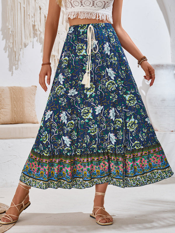 Long boho skirt featuring intricate floral motifs.