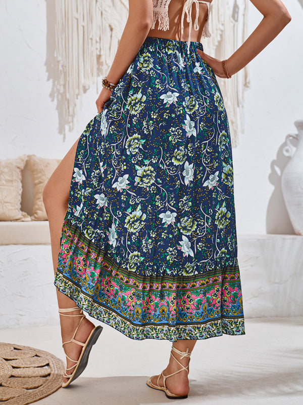 Lightweight maxi boho skirt in vibrant floral design.